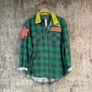ORIGAMI CRANE Women's Long Flannel Shirt Size L In Green